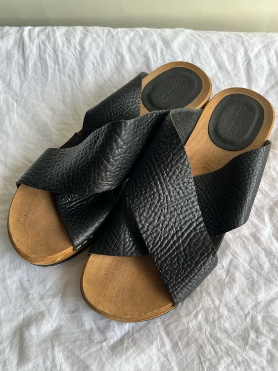 Sanita Shoes - Sanita Tanja Clogs Slides Cross Cross Black Leather Sz 39 Black Wood EUC